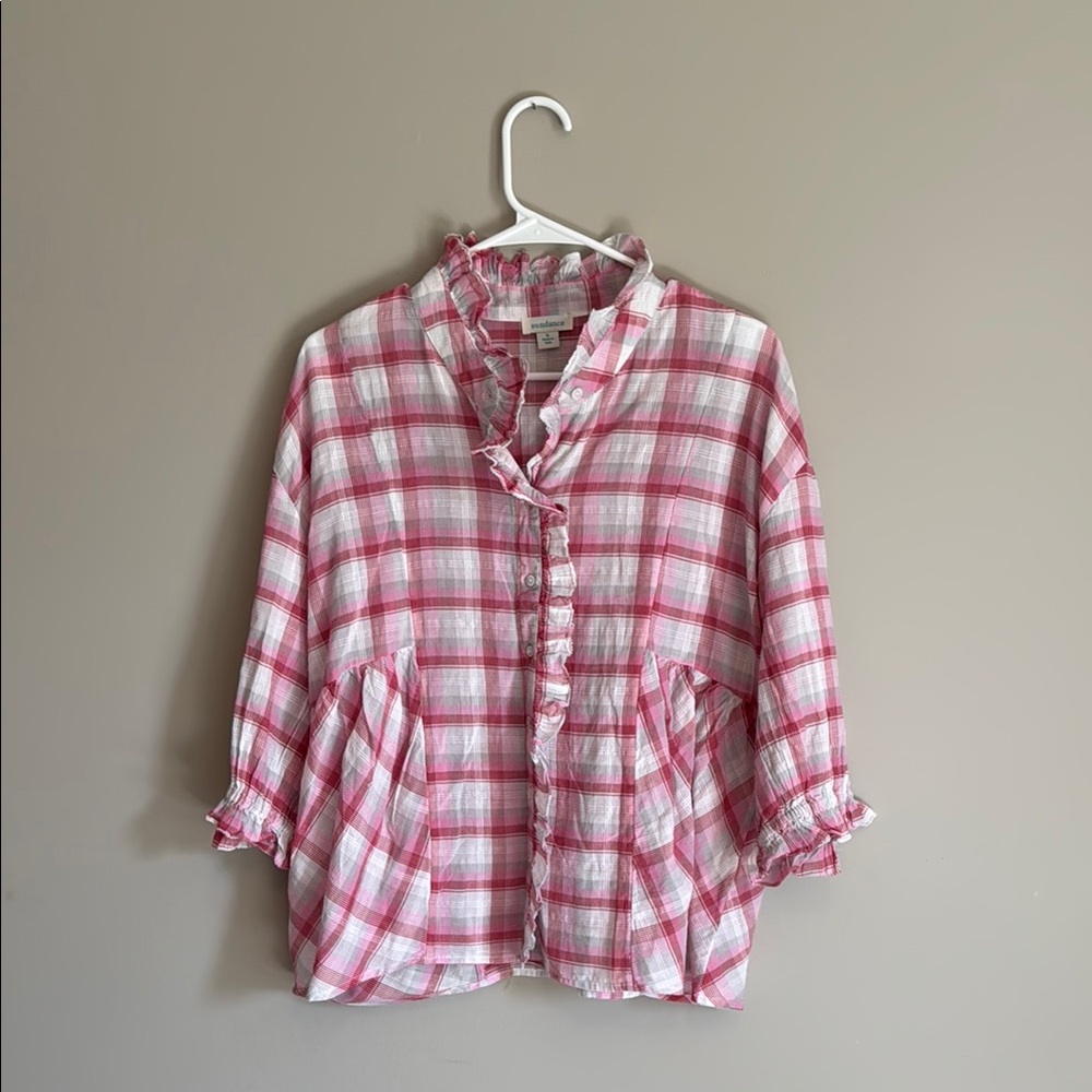 Sundance Pink and White Gingham Blouse with Mandarin Collar